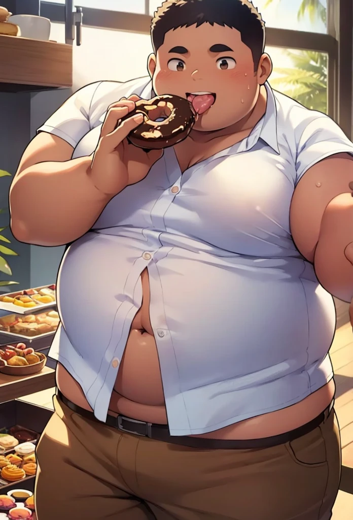 Fat indian boy , obese boy, big belly, tight belly, small white button shirt, small brown shorts, eating a chocolate donut, next to a box full of desserts and sweets, fat face, fat asshole, fat boy tits, Her tits are pointing in opposite directions, belly hanging out of her shirt, fat navel that slightly lifts the shirt, exposed navel, glutton, distracted, extreme obesity, sweat, heat, sun rays, 3:4, detailed face