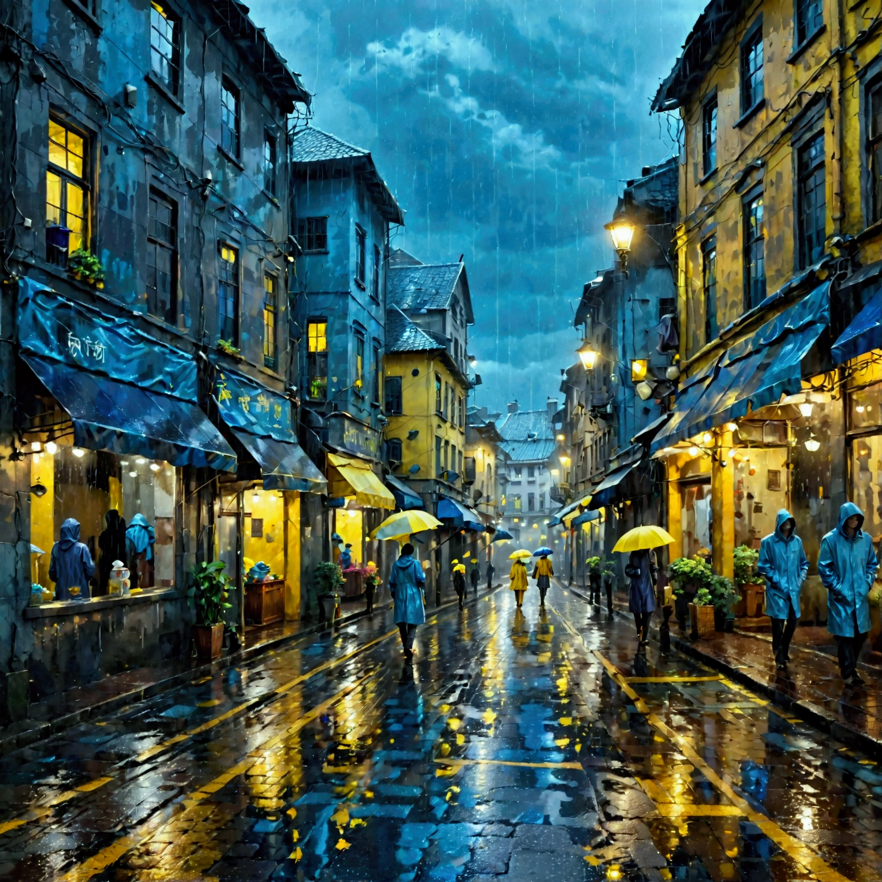 A mysterious, rain-soaked city covered in dark rain clouds, where silhouettes of people in raincoats walk through the falling rain. The streets glisten with reflections from the wet pavement, illuminated by faint streetlights and the soft glow of distant windows. The figures are faceless, their forms outlined by the dim light, creating an enigmatic and contemplative atmosphere. The rain is depicted with fine, delicate strokes, blending into the misty, muted tones of gray, blue, and a hint of yellow. The overall scene feels surreal, peaceful, and steeped in quiet mystery, (mysterious city, rain-soaked streets, rain clouds, silhouettes, people in raincoats, falling rain, glistening pavement, soft streetlights, distant windows, faceless figures, enigmatic, contemplative, muted tones, gray, blue, yellow, surreal, peaceful)