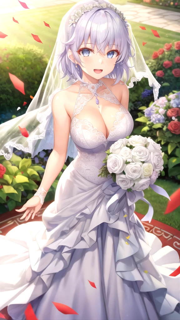 masterpiece, best quality, girl, solo, looking at viewer, lugh_tuatha_de, white hair, grey eyes, large breasts, wedding dress, standing, garden, confetti, holding bouquet, smile, open mouth,