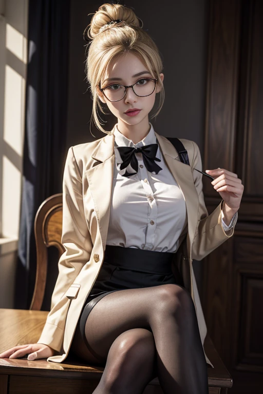 A girl with Green silky formal on white chinos, light brown belt and shoes with black spectacles and black leather watch