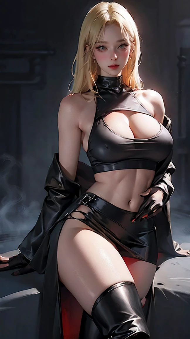 Female in her 20s, Front view, White hair, ultra realistic concept art, Naked nude, Stick out your chest, Spread your legs slightly apart, Chest pov, (Angle from above:0.7), leather jacket