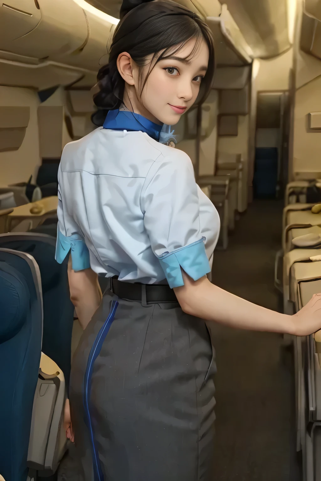 (masterpiece:1.2,  best quality:1.2), 32kHDR,  High Definition , (Alone、  1 girl)、（ Rooftop of a building during the day 、 Professional Writing ）、 With the roof of a building in the background 、（ANA cabincrew uniform blueを着たリアルスタイル）、（（ANA cabincrew uniform blue blue short sleeve blouse 、ANA cabincrew uniform blue BLUE SKIRT WITH A BLUE LINE IN THE BACK、 Scarf around the neck ））、  lots of dark brown hair 、（Long Hair、Hair tied up、Hair tied up, Braid Summary Hair ）、  lots of dark brown hair 、Long Hit、Big Breasts、Thin legs、（（ amazing hands：2.0）），（（  Harmonious body proportions against the background of a building roof ：1.5）），（（Normal limbs：2.0）），（（Usually ：2.0）），（（  Delicate Eyes ：2.0）），（（Normal eyes：2.0））)、smile、（ANA cabincrew uniform blueを見せた美しい後ろ姿）、Hands crossed underneath 