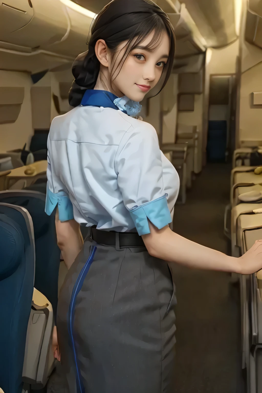 (masterpiece:1.2,  best quality:1.2), 32kHDR,  High Definition , (Alone、  1 girl)、（ Rooftop of a building during the day 、 Professional Writing ）、 With the roof of a building in the background 、（ANA cabincrew uniform blueを着たリアルスタイル）、（（ANA cabincrew uniform blue blue short sleeve blouse 、ANA cabincrew uniform blue BLUE SKIRT WITH A BLUE LINE IN THE BACK、 Scarf around the neck ））、  lots of dark brown hair 、（Long Hair、Hair tied up、Hair tied up, Braid Summary Hair ）、  lots of dark brown hair 、Long Hit、Big Breasts、Thin legs、（（ amazing hands：2.0）），（（  Harmonious body proportions against the background of a building roof ：1.5）），（（Normal limbs：2.0）），（（Usually ：2.0）），（（  Delicate Eyes ：2.0）），（（Normal eyes：2.0））)、smile、（ANA cabincrew uniform blueを見せた美しい後ろ姿）、Hands crossed underneath 