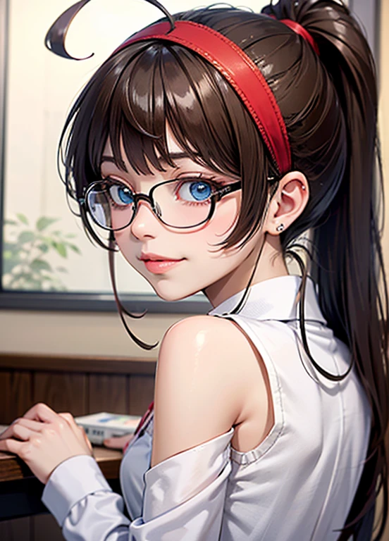 a drawing of a woman with long black hair and a white shirt, side boob, heavy gesture style closeup, flat anime style shading, full body illustration, extra detail, clean detailed anime style, wearing a white tanktop, wearing tanktop, thick border lines, glasses