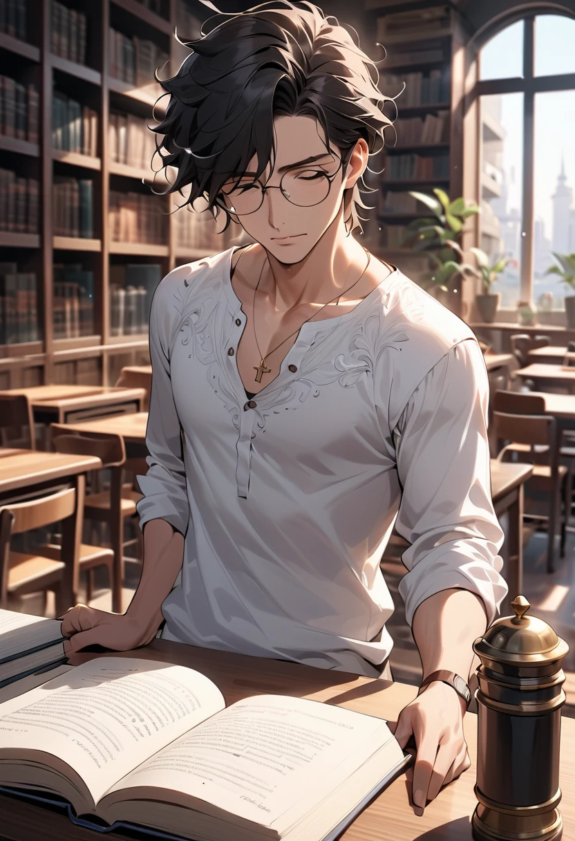 (masterpiece), (Best Quality), (Highly Details), (8k resolution), (Best Quality),male、feminine male, alone、Library、Round Glasses、dress、Black Hair、Long braided hair、I&#39;m reading、Perfect Face、Perfect limbs、Attention to detail、Standing、desk、flat chest、I&#39;msmall smile、Sigh、Troubled face、happy、I&#39;m tired、solo