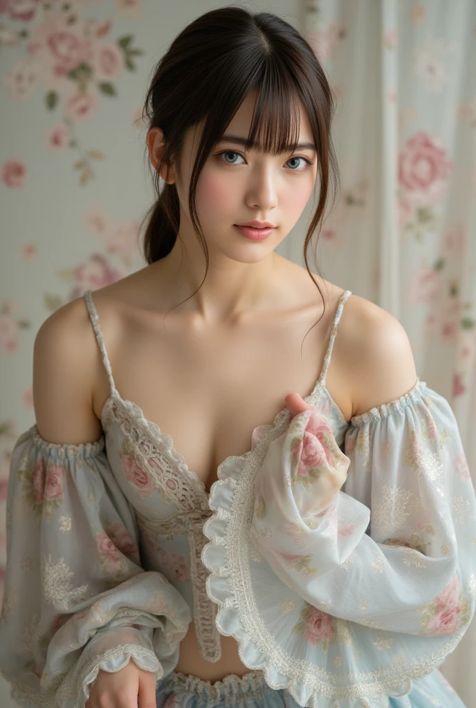 masterpiece、8K、At 32K、highest quality、(fine eyes)、(cute japanese woman、bangs:1.3)、23 years old、1 girl、elegant、(underwear:1.1)、forward leaning posture、(huge cleavage:1.2)、(starry sky:1.4)、rooftop