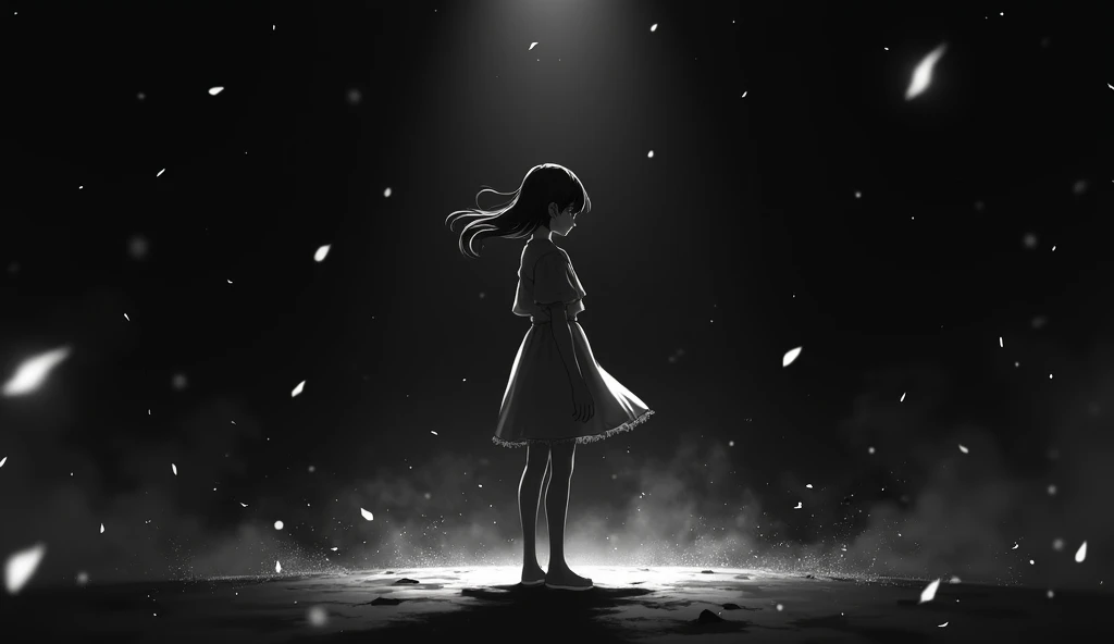 The girl stands with her back to the screen with her head turned