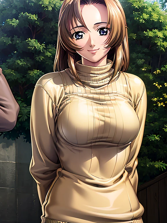 The woman is the sole subject of the image, with no other people present. ((upper body)), (best quality), (masterpiece), ((((focus on face)))), つやのある肌, arm behind back, smile, sweater, glistening breasts, , medium breasts