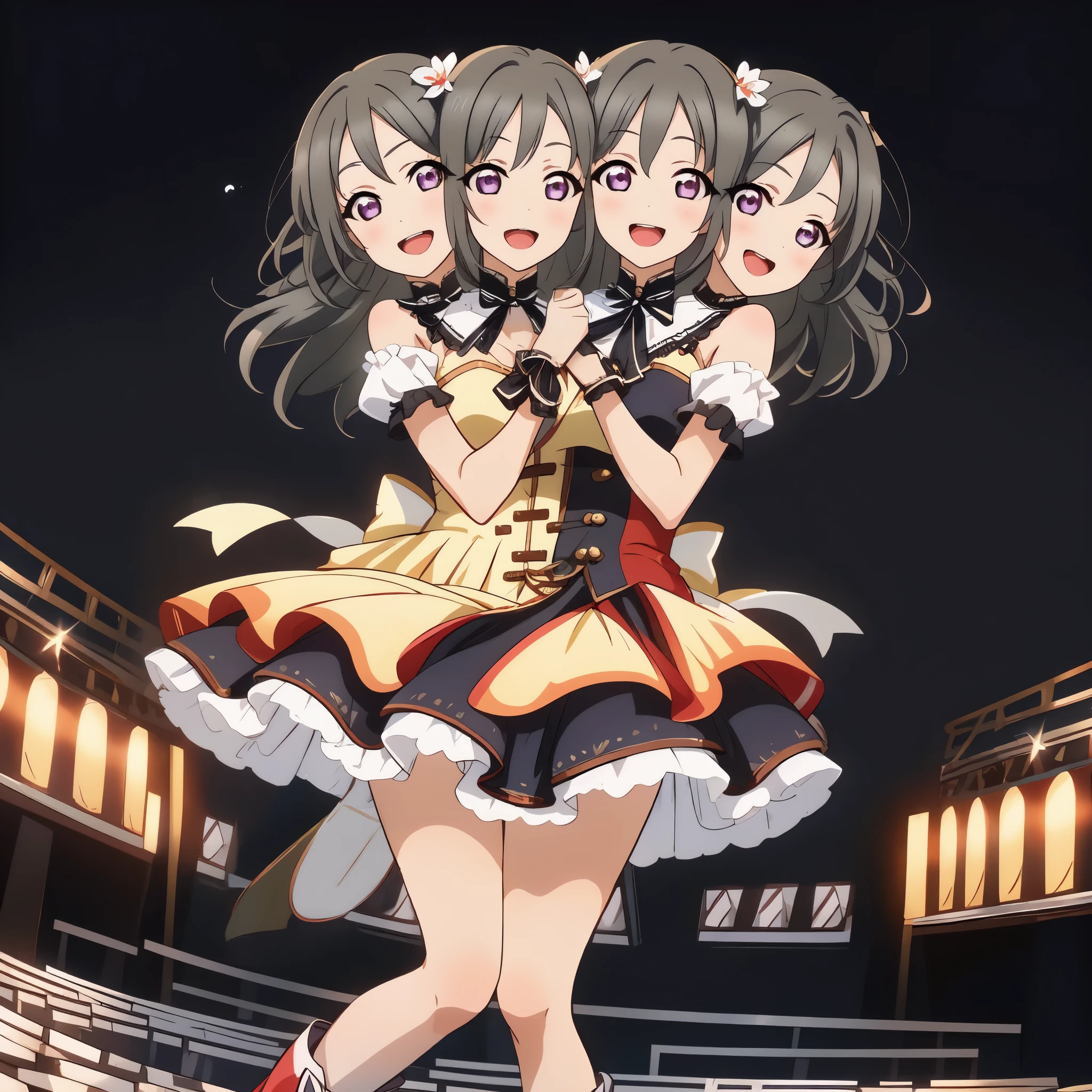 ((32k)), ((best quality)), ((ultra high res)), ((HDR)), ((UHD)), ((extremely detailed CG)), ((unity 32k wallpaper)), ((illustration)), ((((3 girls)))), (cute smile), (cute bikini), (((Idol Costumes))), ((Idol Stage Background)), ((love live!)), ((Holding a microphone)), (Peering from below), ((happy)), blue hair, black hair,