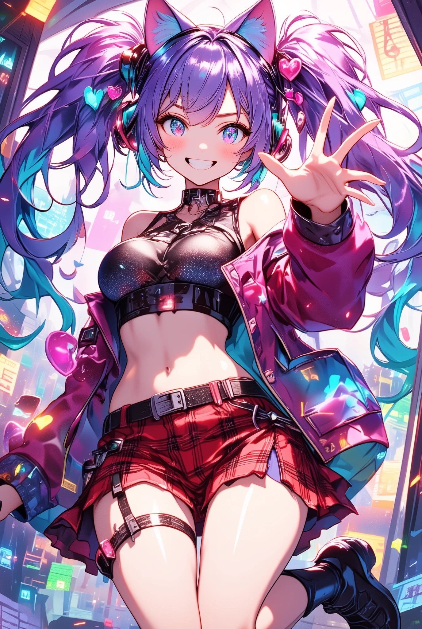 1girl, (multicolored hair, colored inner hair, pink hair, rainbow hair, huge twintails), behind-the-head headphones, heart hair ornament, musical note hair ornament, musical note hair ornament, mismatched pupils, aqua eyes, cat ear headphones, grin, (Bustier, Abdomen and navel are visible,  shows shoulders, Armpit,  Big Breasts ,  soft breasts , anatomically correct), ( Red and Black Plaid Mini Skirt:1.1, Sheer Black Garter Belt :1.2, Slender legs),  Wave at Viewers, (UHD, masterpiece, best quality,  highres icon, anatomically correct),  background with musical notes and music chord chart motifs