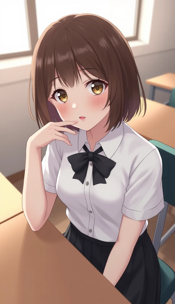 (head shot:1.2), (from above:1.2), frame in, from right in front of face and body, view straight on, upper body, High quality, very high res, High quality, very high res, cute girl, brown hair, forehead, blunt bangs, bob cut, blush, Brushed up bangs, wearing a plain t-shirt, shirt lift, medium breasts, pale pink nipples, I can see your belly button, (kneeling down pose), fellatio, pleated skirt, at office
