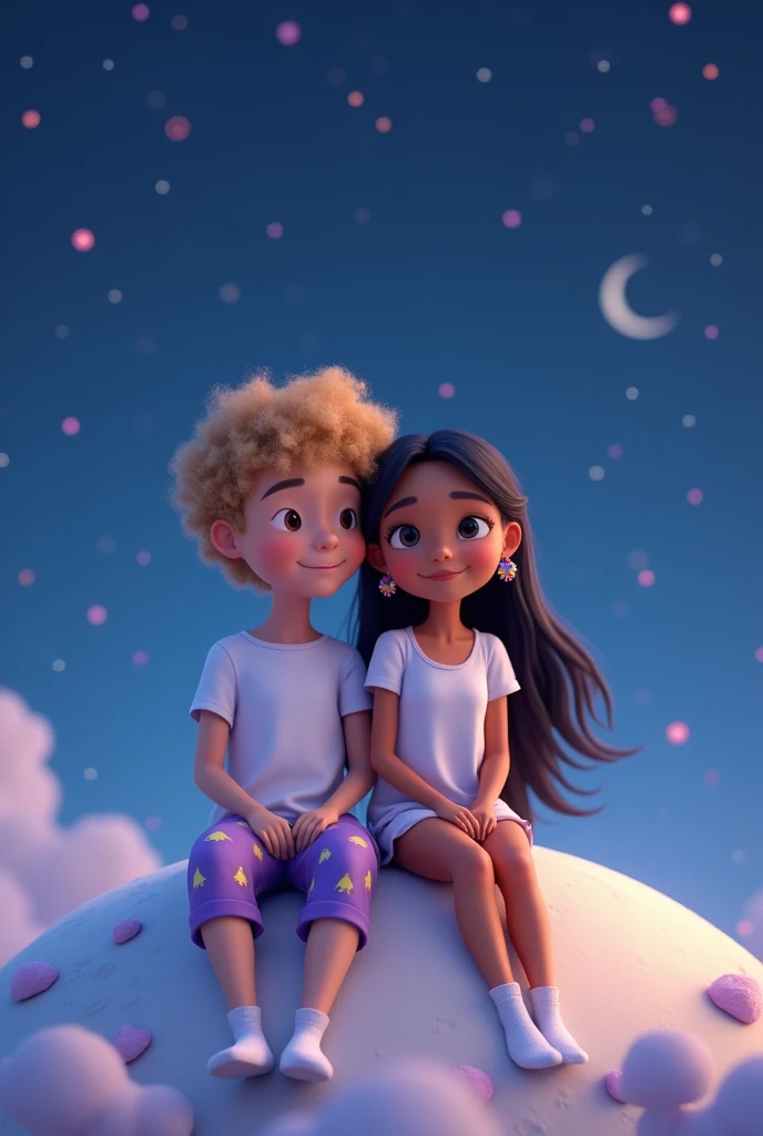 REFERENCE: DISNEY PIXAR 3D CHARACTERS: BOY, , BLOND, SHORT AND CURLY HAIR ON TOP, WEARS WHITE THIST AND PURPLE PAJAMA PANTS WITH YELLOW ALIENS AND WHITE SOCKS, SLEEPING WITH HIS EYES CLOSED AND A SLIGHT SMILE. GIRL, , SLEEPING WITH HER EYES CLOSED, BEAUTIFUL, SENSUAL, ATTRACTIVE, BRAZILIAN INDIAN, LIGHT BROWN SKIN, LONG STRAIGHT BLACK HAIR, WEARING A COLORFUL EARRING, A WHITE TSHIRT AND VERY SHORT PAJAMA SHORTS AND WHITE SOCKS. SCENE: A SKY WITH STARS AND SHOOTING STARS with small details in lilac purple and blue SCENE: THE COUPLE SITTING IN A PLAYFUL AND POETIC WAY ON THE MOON, AS IF IT WERE A DREAM, SHE LEAN HER HEAD ON THE BOY'S SHOULDER, THE BOY LIES HIS HEAD ON HER HEAD.