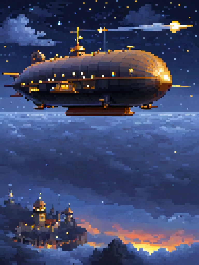 pixel art, ((1 a airship fantasy)), night, clouds, stars, (sky), top down view