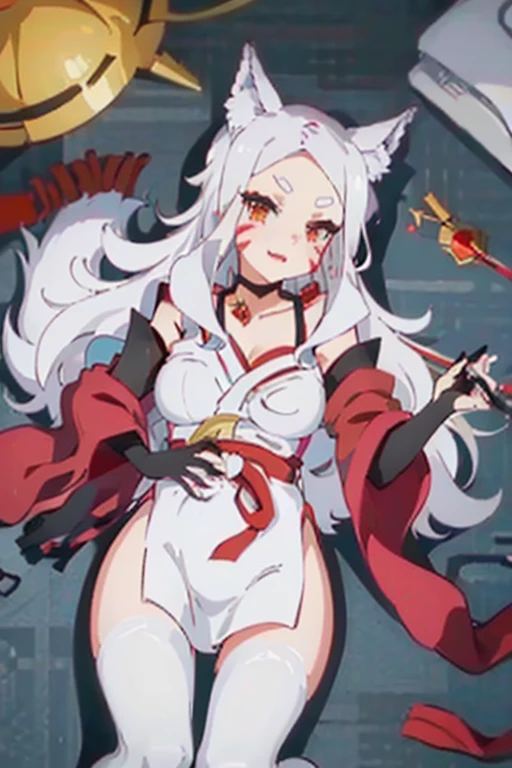 best quality,ultra detailed,extremely detailed and beautiful,perfect anatomy,perfect hands,(1 girl,solo)++++,heart-shaped boob challenge, (Nakiri Ayame)+++,red eyes,white hair,hair bell ,long hair,oni horns,(katana)+, Small breasts, clothes,kimono,kouhaku nawa,shimenawa ,( off shoulder)+++,