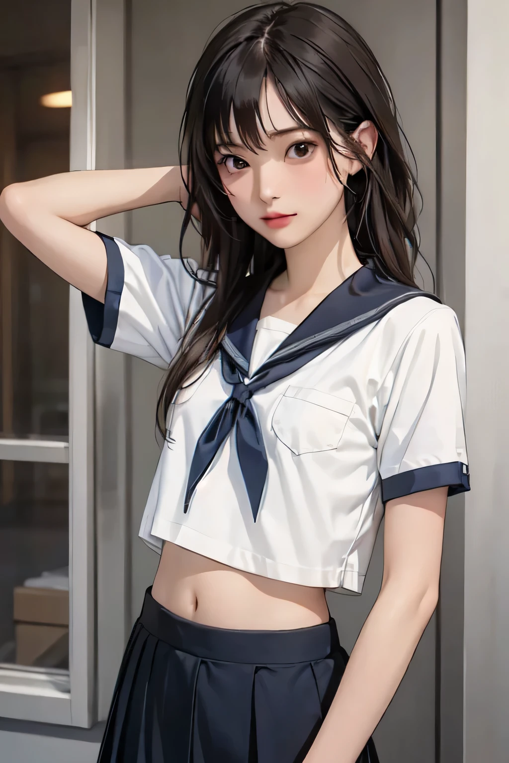  perfect composition of drapes , Proper placement, Golden Ratio, (masterpiece,  best quality:1.331), 1 beautiful Japanese woman, Cute 1 Woman , alone,  blurry background, perfect anatomy:1.331, Clear Detailed Eyes , brown eyes,  on a metal cylinder,  has a small head:1.331, 細身の体:1.331,  Thin Waist:1.331, Thin limbs:1.331,  flat chested:1.331, (gap:1.331), (  small hips :1.331),  brown hair,  wavy hair , Long bangs,  school uniform, Famous Tokyo Metropolitan High School Sailor Suit :1.21, Short sleeve clothing,  white short sleeve sailor suit:1.21, sera fuku:1.21,  red ribbon ,  I can see her belly button ,  My upper body is wearing a uniform:1.21,  Navy Blue Pleated Mini Skirt:1.37,