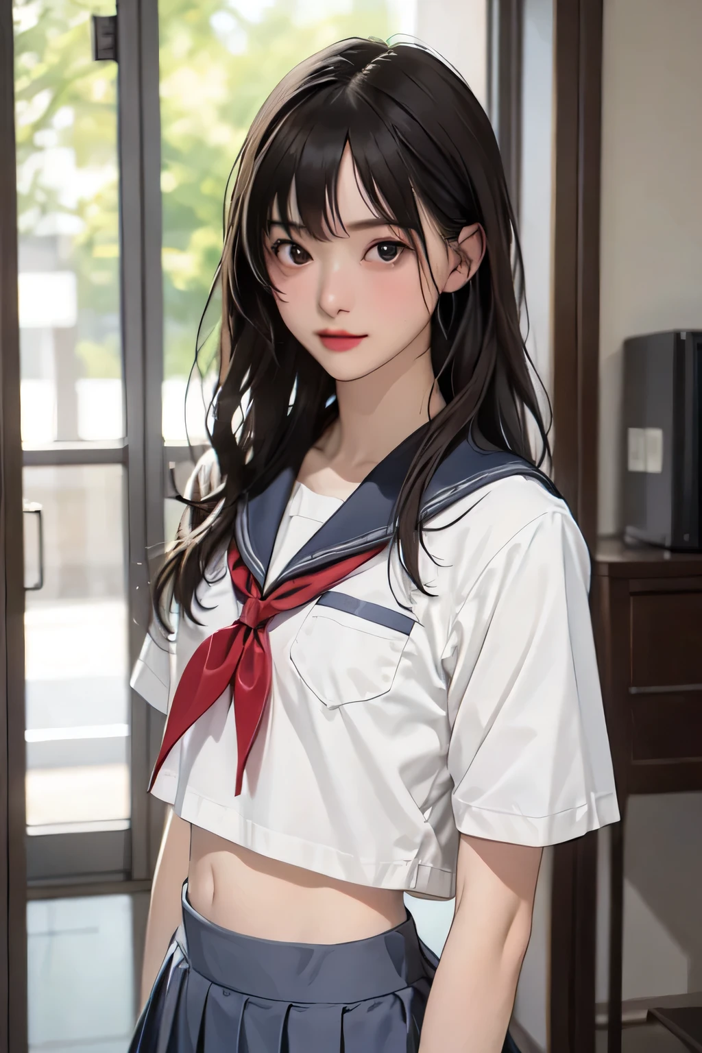  perfect composition of drapes , Proper placement, Golden Ratio, (masterpiece,  best quality:1.331), 1 beautiful Japanese woman, Cute 1 Woman , alone,  blurry background, perfect anatomy:1.331, Clear Detailed Eyes , brown eyes,  on a metal cylinder,  has a small head:1.331, 細身の体:1.331,  Thin Waist:1.331, Thin limbs:1.331,  flat chested:1.331, (gap:1.331), (  small hips :1.331),  brown hair,  wavy hair , Long bangs,  school uniform, Famous Tokyo Metropolitan High School Sailor Suit :1.21, Short sleeve clothing,  white short sleeve sailor suit:1.21, sera fuku:1.21,  red ribbon ,  I can see her belly button ,  My upper body is wearing a uniform:1.21,  Navy Blue Pleated Mini Skirt:1.37,