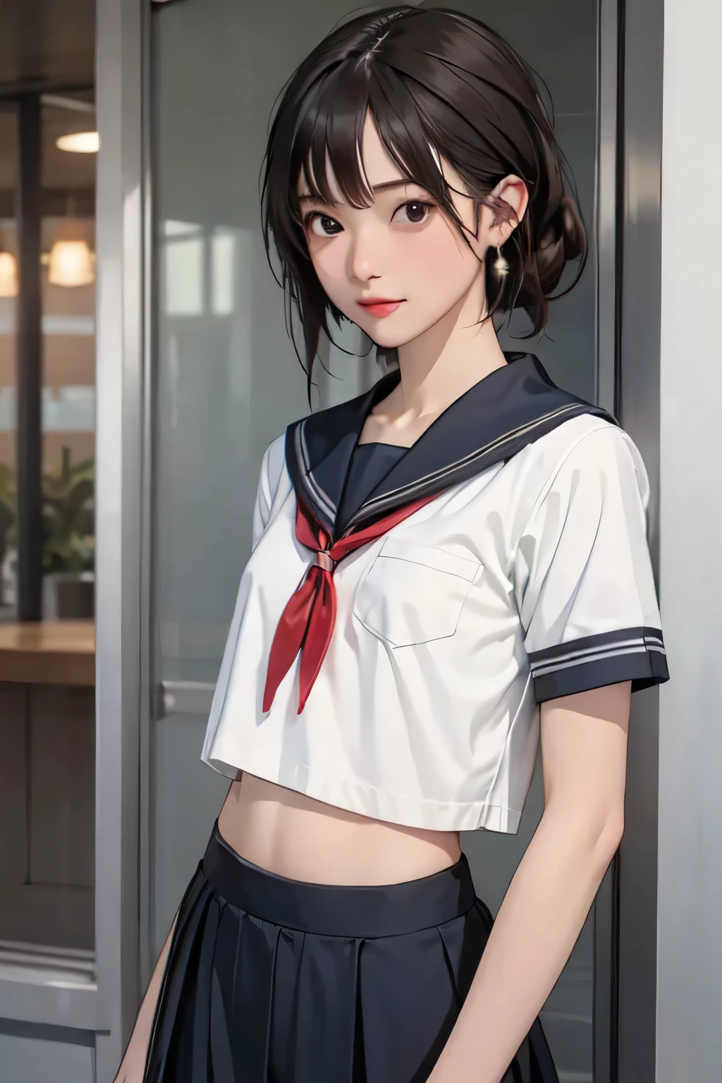  perfect composition of drapes , Proper placement, Golden Ratio, (masterpiece,  best quality:1.331), Front View:1.331, 1 beautiful Japanese woman, Cute 1 Woman , alone,  blurry background, perfect anatomy:1.331, Clear Detailed Eyes , brown eyes,  on a metal cylinder,  has a small head:1.331, 細身の体:1.331,  Thin Waist:1.331, Thin limbs:1.331,  flat chested:1.331, (gap:1.331), (  small hips :1.331),  brown hair,  chignon hair, Long bangs,  school uniform, Famous Tokyo Metropolitan High School Sailor Suit :1.21, Short sleeve clothing,  white short sleeve sailor suit:1.21, sera fuku:1.21,  red ribbon ,  I can see her belly button ,  My upper body is wearing a uniform:1.21,  Navy Blue Pleated Miniskirt:1.37,