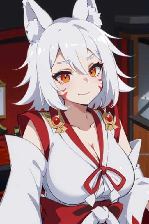 Nina Kosaka Vtuber, White-haired Kitsune ,  white ears and six white tails. big breasted.  Red eyes and red mustaches on the cheek,  Red stripes on the cheeks . Semi-open kimono , showing the cleavage