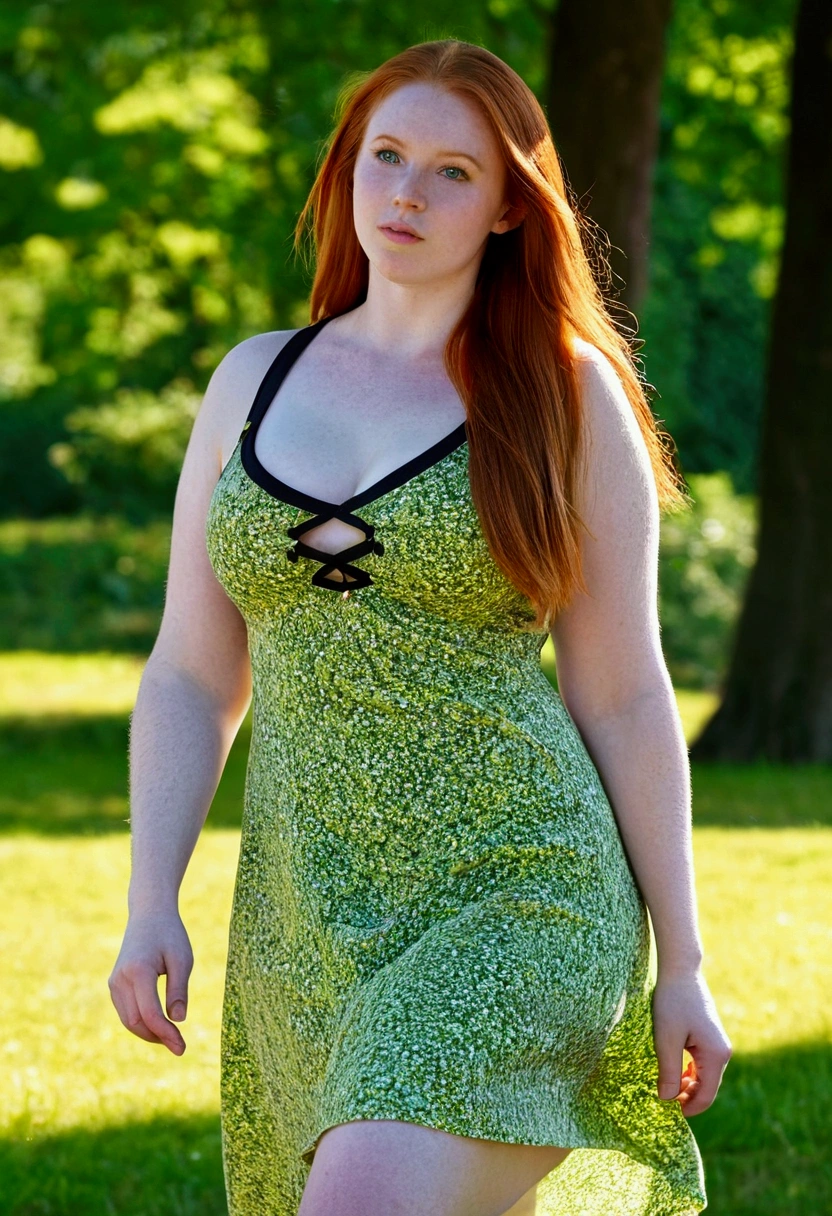 Full body shot of a beautiful redhead with a curvy tall body and large breasts. Wearing a slimpy green lingerie outfit. Wearing green high heel shoes. Standing in a large field of mature ????????? plants