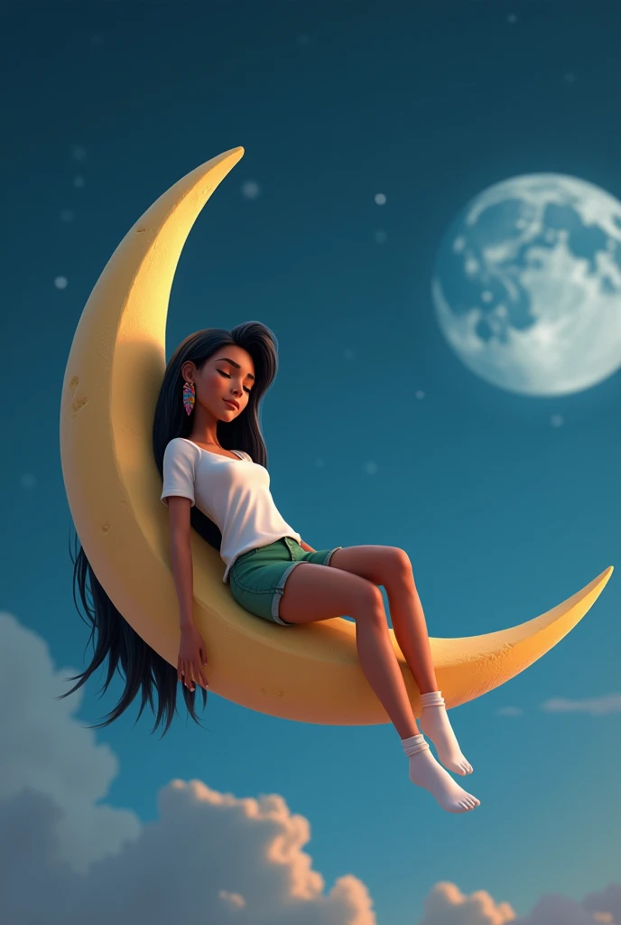 Inspired by Disney Pixar's high-resolution, high-quality 3D arts, create the image sleeping, with her eyes closed, lying down on a WANING MOON, of a  girl, beautiful, sensual, charming, bold, with LONG, SILKY, STRAIGHT AND LONG black hair, WEARING A COLORFUL FEATHER IN HER EAR AS AN EARRING, light-skinned, Brazilian Indian, wearing a plain white t-shirt, and wearing very short green shorts, and white socks, she is leaning against the MOON, very comfortable and swinging her legs on the air, in the background we have a beautiful night with stars and a full moon, it's a breathtaking landscape