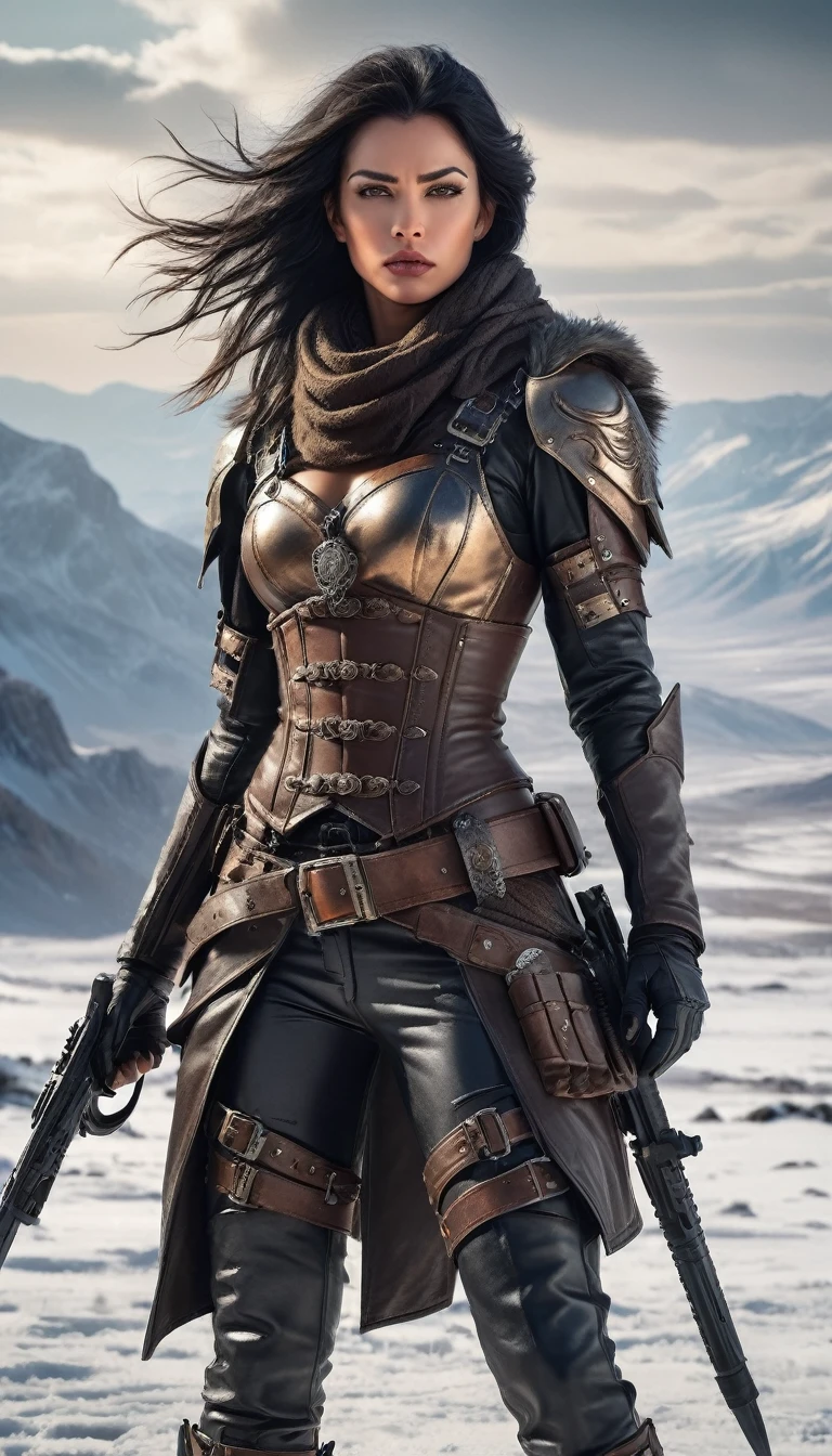 A photorealistic full-body portrait of a fierce post-apocalyptic warrior woman standing confidently in a snowy wasteland. She has strikingly sharp facial features, piercing eyes, and flowing dark hair that moves with the wind. Her outfit is a mix of rugged leather armor with metallic accents, a fitted leather corset, and reinforced shoulder pads, showcasing both practicality and style. She wears dark gloves, belts adorned with metallic details, and thigh holsters that secure her weapons. The backdrop is a desolate, icy landscape, with mountains in the distance and a rugged vehicle visible on the right. The lighting is cold and cinematic, highlighting her determined expression and the intricate details of her battle-worn gear, reflecting resilience and strength in a harsh, unforgiving world.