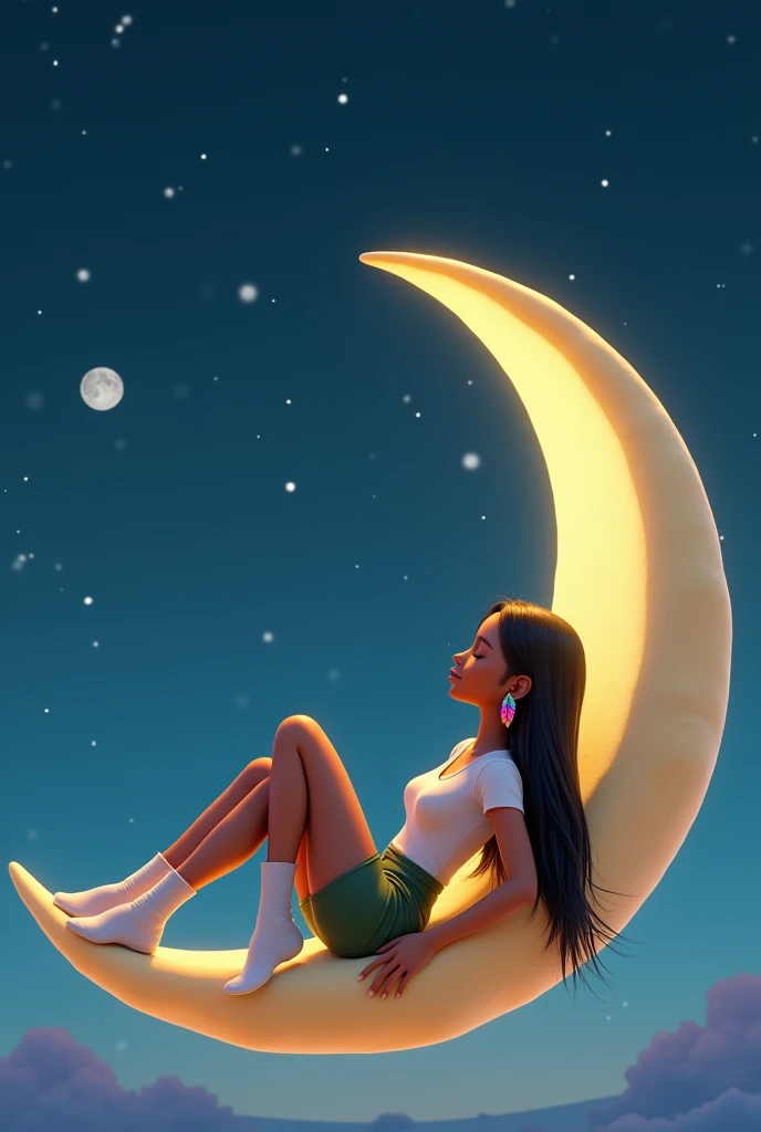 Inspired by Disney Pixar's high-resolution, high-quality 3D arts, create the image sleeping, with her eyes closed, lying down on a WANING MOON, of a  girl, beautiful, sensual, charming, bold, with LONG, SILKY, STRAIGHT AND LONG black hair, WEARING A COLORFUL FEATHER IN HER EAR AS AN EARRING, light-skinned, Brazilian Indian, wearing a plain white t-shirt, and wearing very short green shorts, and white socks, she is leaning against the MOON, very comfortable and swinging her legs on the air, in the background we have a beautiful night with stars and a full moon, it's a breathtaking landscape