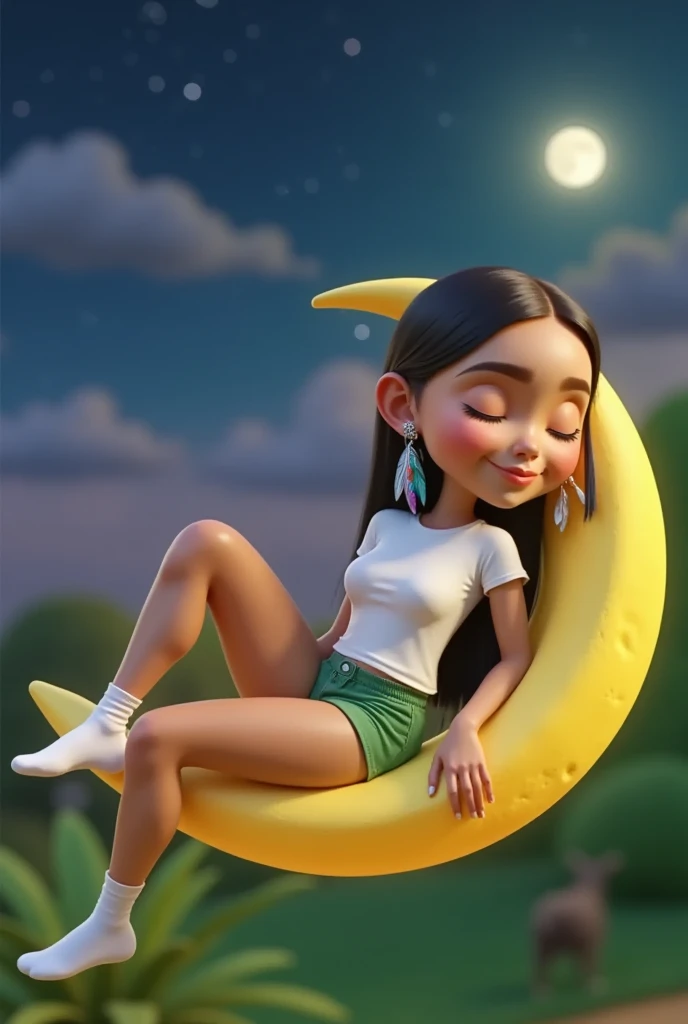 Inspired by Disney Pixar's high-resolution, high-quality 3D arts, create the image sleeping, with her eyes closed, lying down on a WANING MOON, of a , ****, 12-years old girl, beautiful, sensual, charming, bold, with LONG, SILKY, STRAIGHT AND LONG black hair, WEARING A COLORFUL FEATHER IN HER EAR AS AN EARRING, light-skinned, Brazilian Indian, wearing a plain white t-shirt, and wearing very short green shorts, and white socks, she is leaning against the MOON, very comfortable and swinging her legs on the air, in the background we have a beautiful night with stars and a full moon, it's a breathtaking landscape