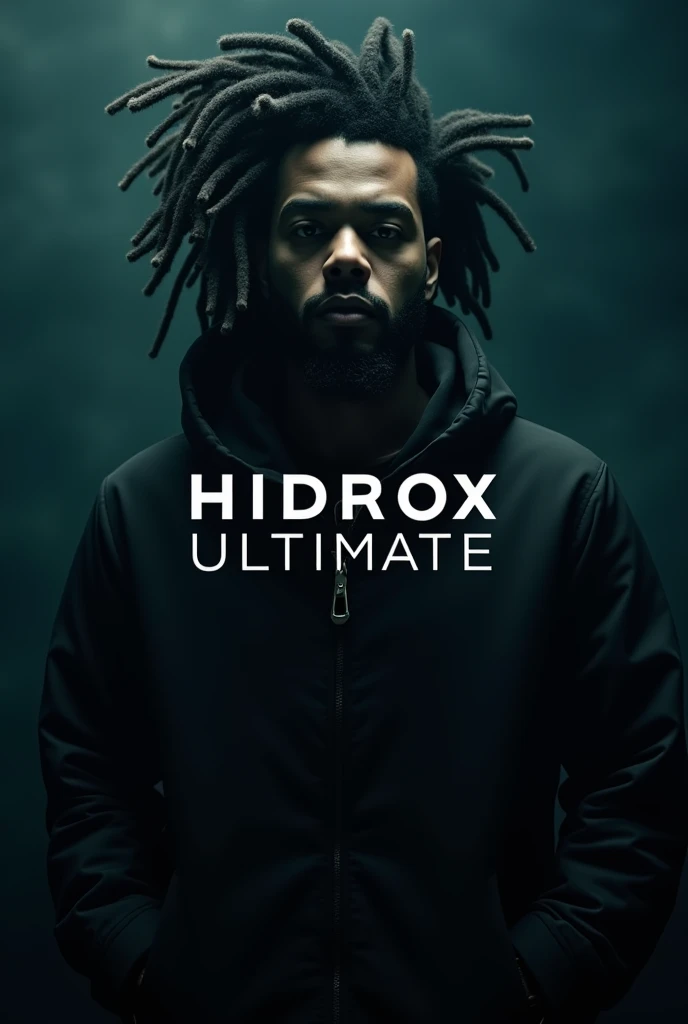 Put an image of  "THE WEEKND"  the singer of The Hills with dreadloks,  with a dark background and that says HidroX Ultimate in the middle 