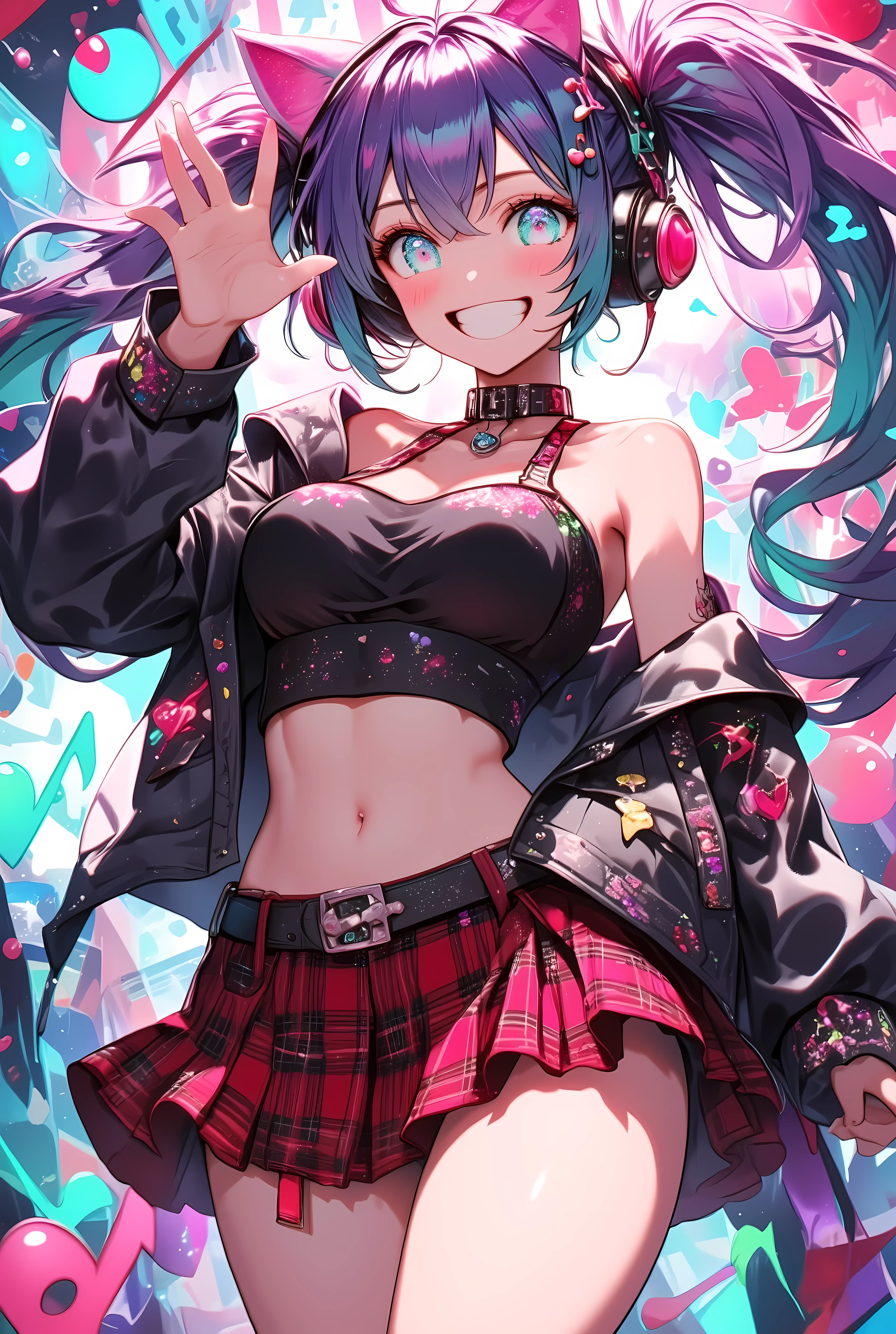 1girl, (multicolored hair, colored inner hair, pink hair, rainbow hair, huge twintails), behind-the-head headphones, heart hair ornament, musical note hair ornament, musical note hair ornament, mismatched pupils, aqua eyes, cat ear headphones, grin, (Bustier, Abdomen and navel are visible,  shows shoulders, Armpit,  Big Breasts ,  soft breasts , anatomically correct), ( Red and Black Plaid Mini Skirt:1.1, Sheer Black Garter Belt :1.2, Slender legs),  Wave at Viewers, (UHD, masterpiece, best quality,  highres icon, anatomically correct),  background with musical notes and music chord chart motifs