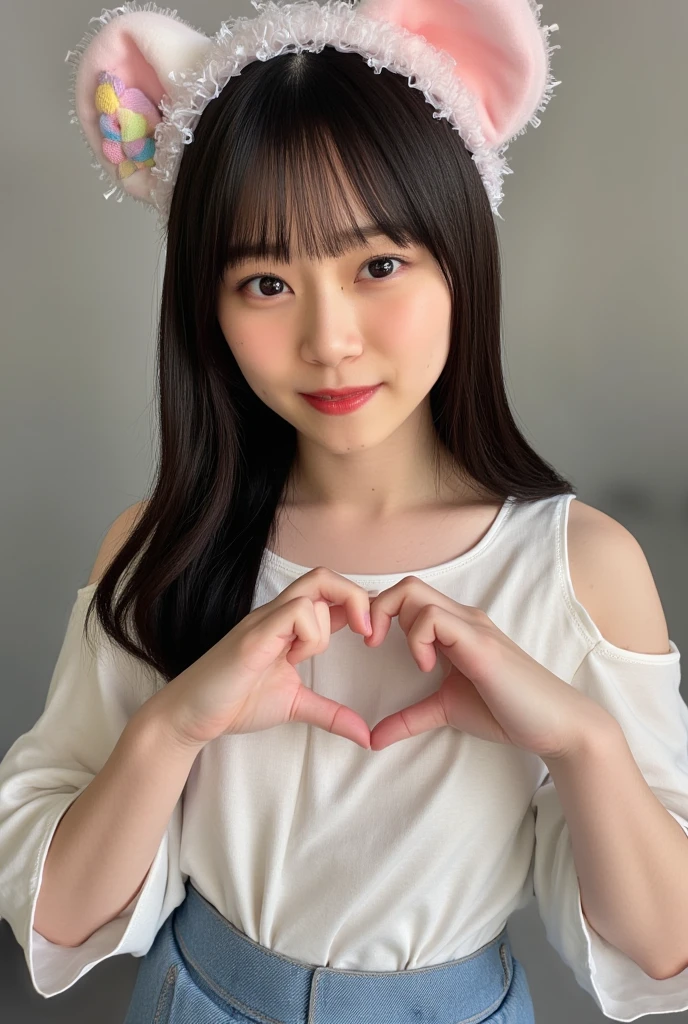 Only one smiling woman poses wearing a camisole, making a firm big heart shape with both hands, and holding it in front of her chest, View above collarbone、The background is a monotone 、
