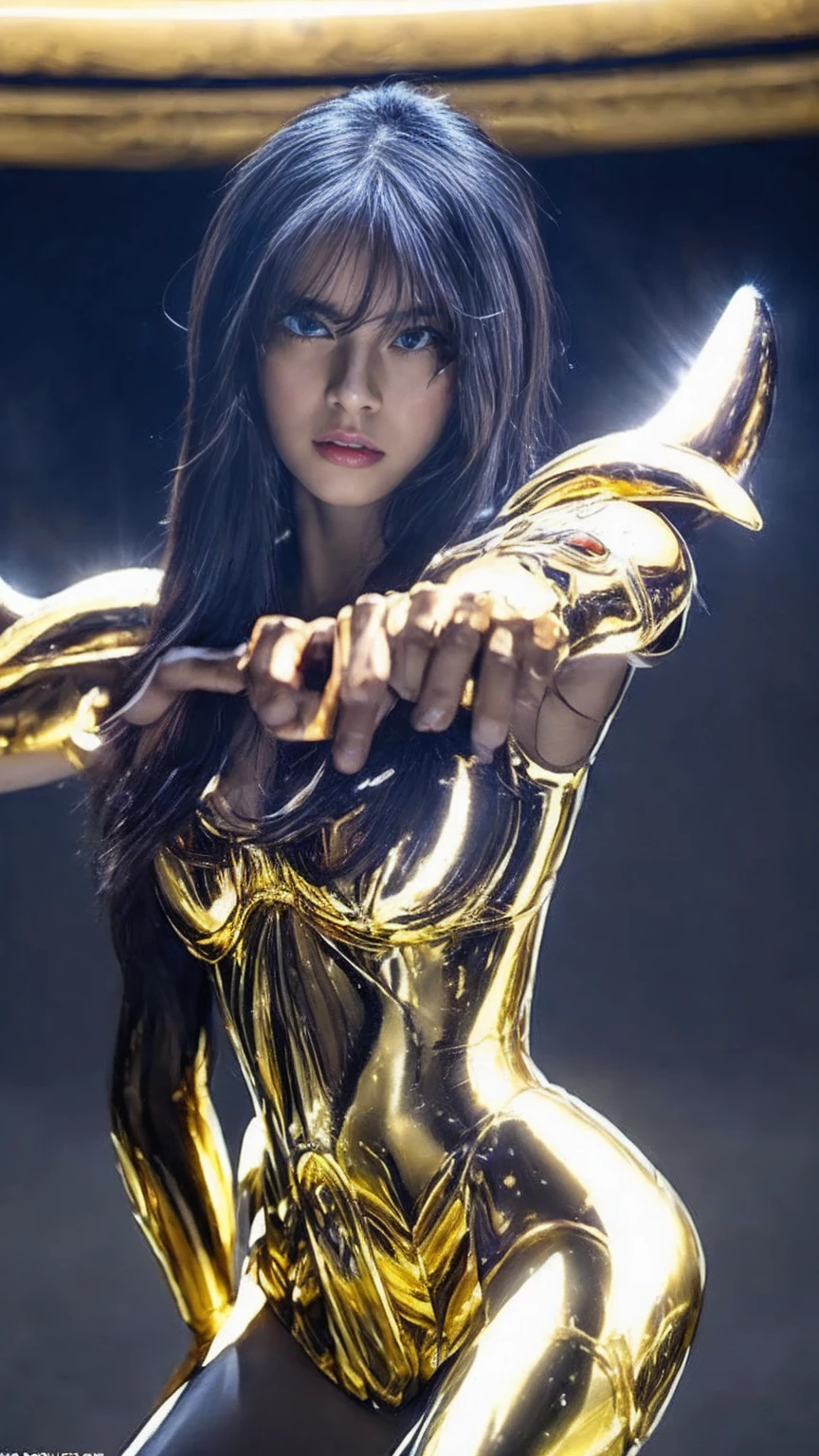 masterpiece,  please redeem , 超 high definition , Realistic skin texture,  Armature , (Realistic:1.4),  high definition ,  RAW photo,  1 girl, shiny skin, ( Details Skins :1.2), Realistic skin texture, Best writing,  and , ( beautiful breasts), Shine, Gold Armor, (Blue long hair),(Disheveled Hair),  I'm wearing a golden helmet , Dramatic lighting,( Greek temple background ), (Night Sky), ( universe), (milky way), Dynamic Poses , Dramatic lighting,( blue eyes)