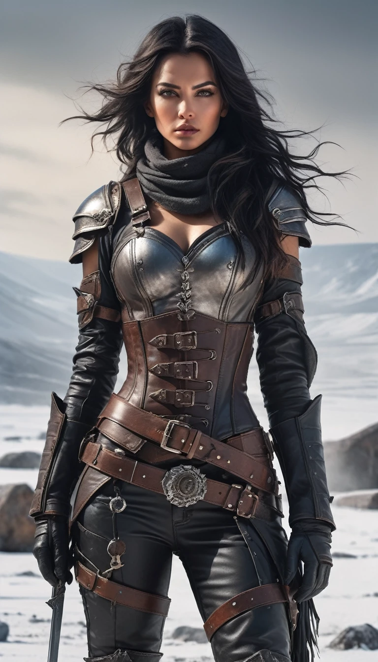 A photorealistic full-body portrait of a fierce post-apocalyptic warrior woman standing confidently in a snowy wasteland. She has strikingly sharp facial features, piercing eyes, and flowing dark hair that moves with the wind. Her outfit is a mix of rugged leather armor with metallic accents, a fitted leather corset, and reinforced shoulder pads, showcasing both practicality and style. She wears dark gloves, belts adorned with metallic details, and thigh holsters that secure her weapons. The backdrop is a desolate, icy landscape. injured by bear include broken clothe.
