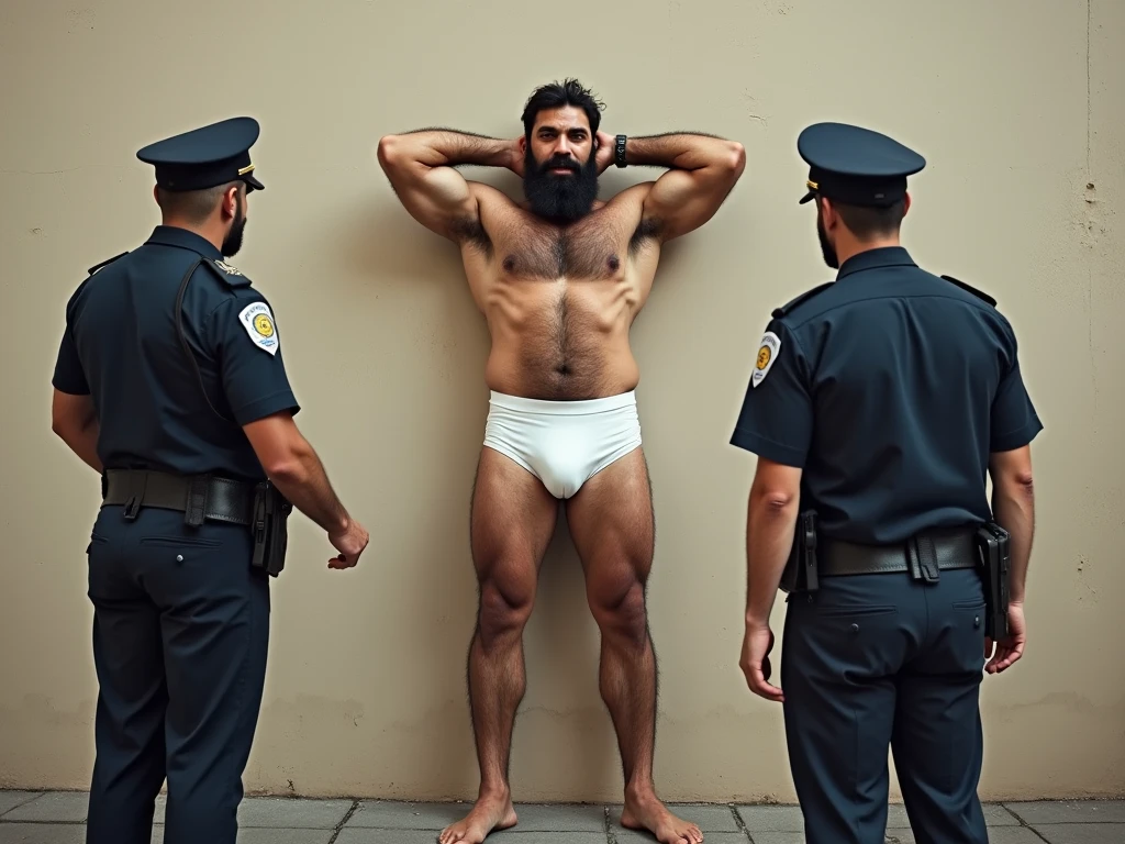 A police officer taking something out of the underwear of a big, strong, hairy, bearded Puerto Rican man, standing, I&#39;m cueca, very hairy, with legs apart from each other, with hands raised above the head.
