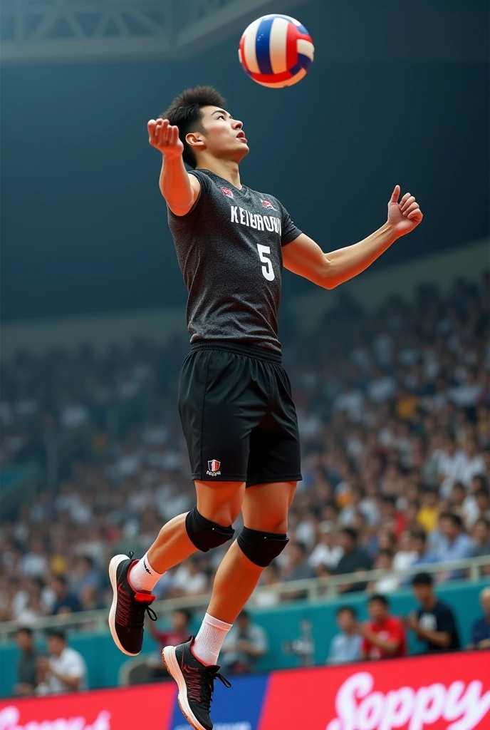 (((Top quality))), ((((a boy)))), (((((Toho Asahi))))), (((extremely beautiful face))), ((((muscle)))), smile, full body, sneaker, (((((training))))), (volleyball uniform), (((((volleyball))))), (((in the fitness gym))),