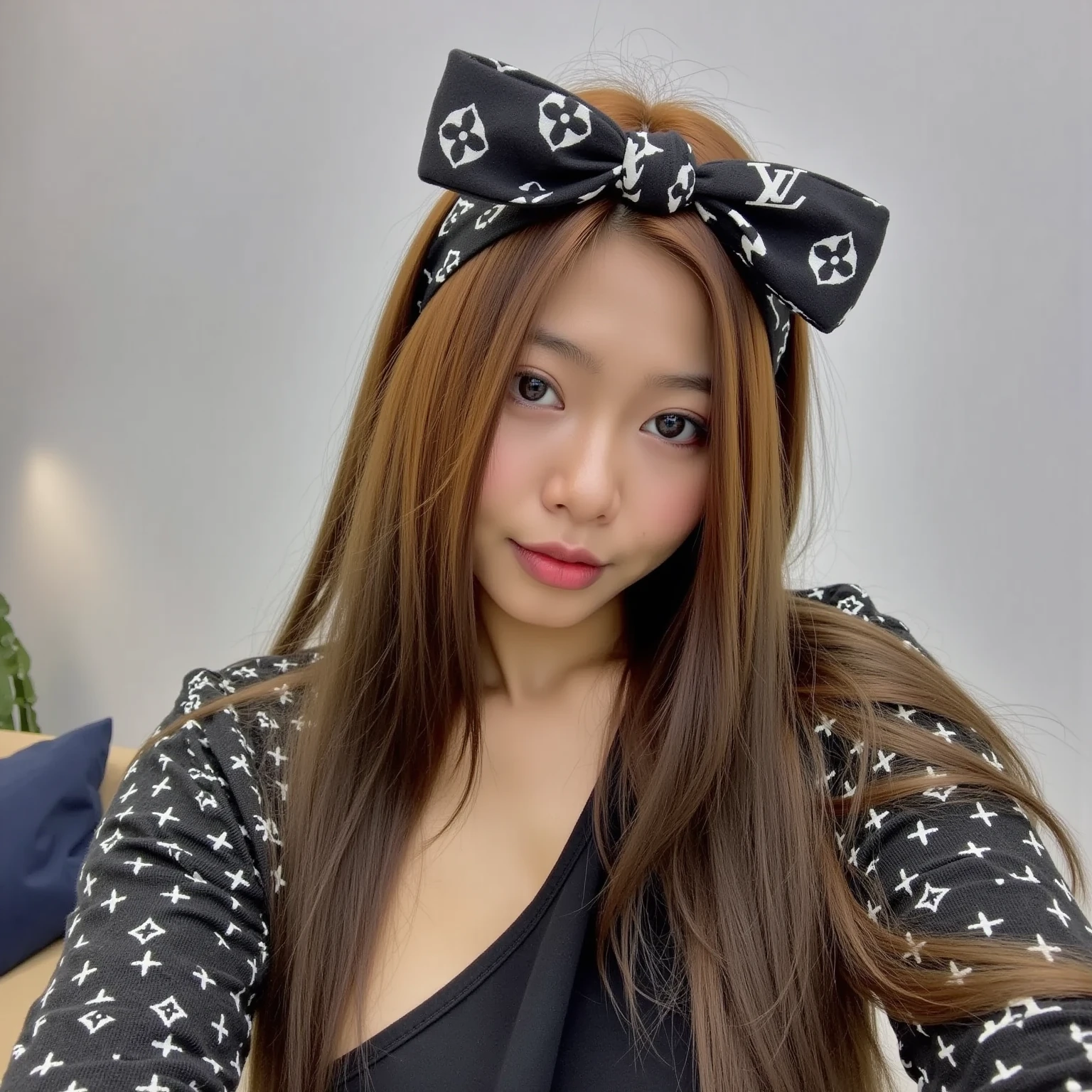 Cute selfie from a first perspective   。，Wear a headband。 in the villa area。Wear high-end fashion brand LV pajamas on the luxury living room sofa 。Holding a book。 