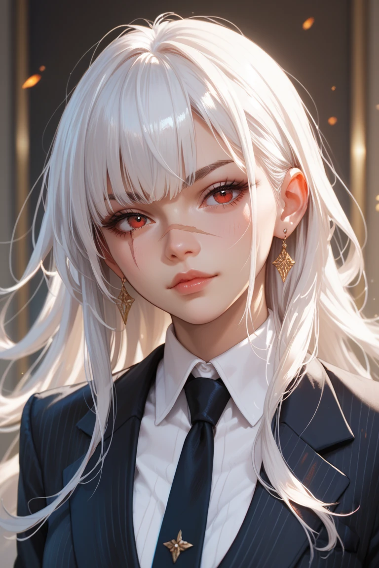 Superb Works, High Resolution, Best Quality, UHD, Super Detail, Award-Awarded, 16k, (upper body), a beautiful girl, white hair, hair strands, ((heterochromia)), hanging eye corners, fair skin, (small breasts), (slender body), ((Japanese student small blazer jacket uniform)), (neck ring), finger cover