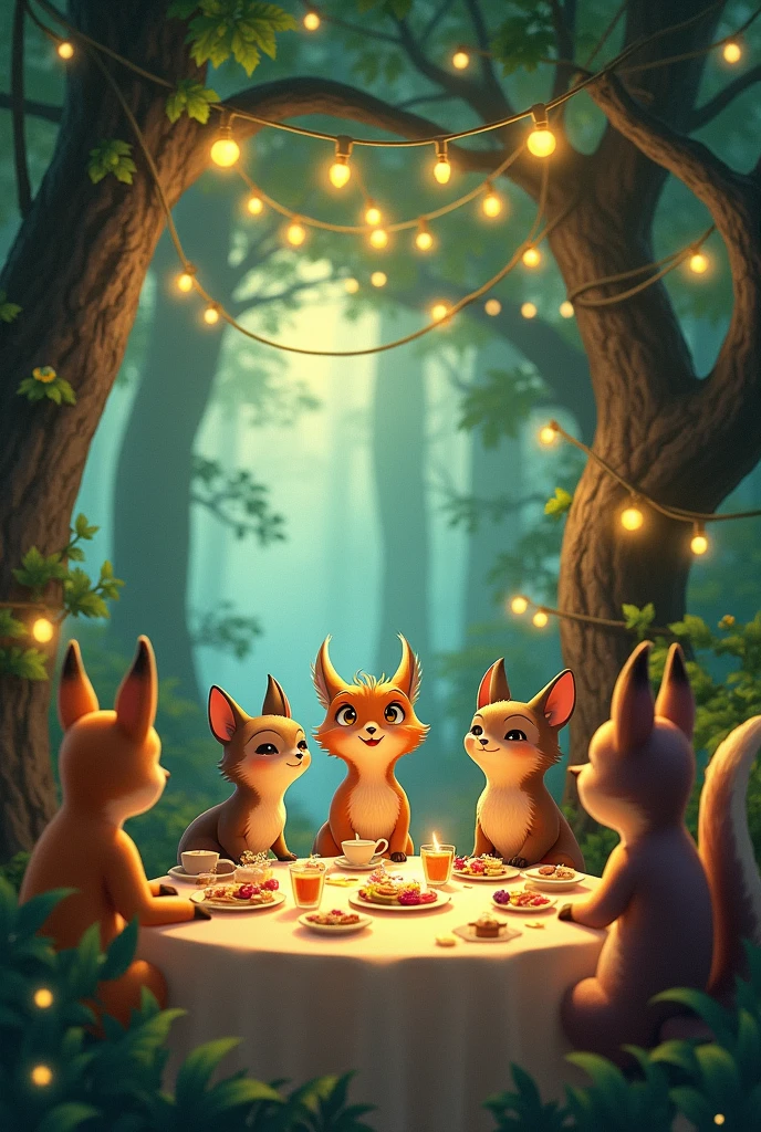 Gere uma imagem vibrante e colorida de uma festa na floresta com uma ampla variedade de animais celebrando, inspired by the artistic styles of Disney and Pixar. The scene is magical and welcoming, capturing the charm and joy characteristic of these animation studios. 

Detalhes a incluir:
-Location: Uma clareira encantadora em uma floresta densa, with tall trees around, iluminadas por luzes cintilantes penduradas nos galhos e lanternas de papel coloridas. The evening light filters softly through the leaves, criando um jogo de luz e sombra.
- Animais: Um diversificado grupo de animais animados e sorridentes, incluindo, but not limited to, um urso tocando um instrumento musical (como um contrabaixo), birds singing and dancing in the air, coelhos tocando tamborines, A fox playing guitar, e um grupo de veados, esquilos, e outros pequenos animais reunidos, participando da festa. Make sure animals display happy, friendly expressions, with some wearing party accessories (like  hats or bows).
-Decoration: A cena deve incluir elementos decorativos naturais, como flores coloridas, vines entwined in arches and tables made from cut trunks, cobertas com um banquete de frutas, nozes, e outros deleites florestais.
- Estilo: Characters and environments must be rendered in the signature, highly animated style of Disney and Pixar, with special attention to detail, animal facial expressions, and a vibrant color palette that enhances the magical and festive atmosphere of the scene.

Objetivo: A imagem deve evocar sentimentos de alegria, comunidade e a magia da natureza, reflecting the optimistic spirit and visual charm of Disney and Pixar animated films.
