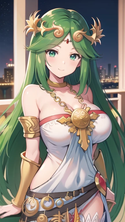 masterpiece,  best quality,  high definition ,Palutena,Green Hair,  split bangs ,  tiara , cute smile, Big Breasts ,( cleavage), cleavage wrapped in a futon,((breast squeeze)),slouch,Bare shoulders,  Strapless Dress , Arm guard, belt,  white dress,  white thigh high socks, single thighhigh,Shotacon,Outdoor,