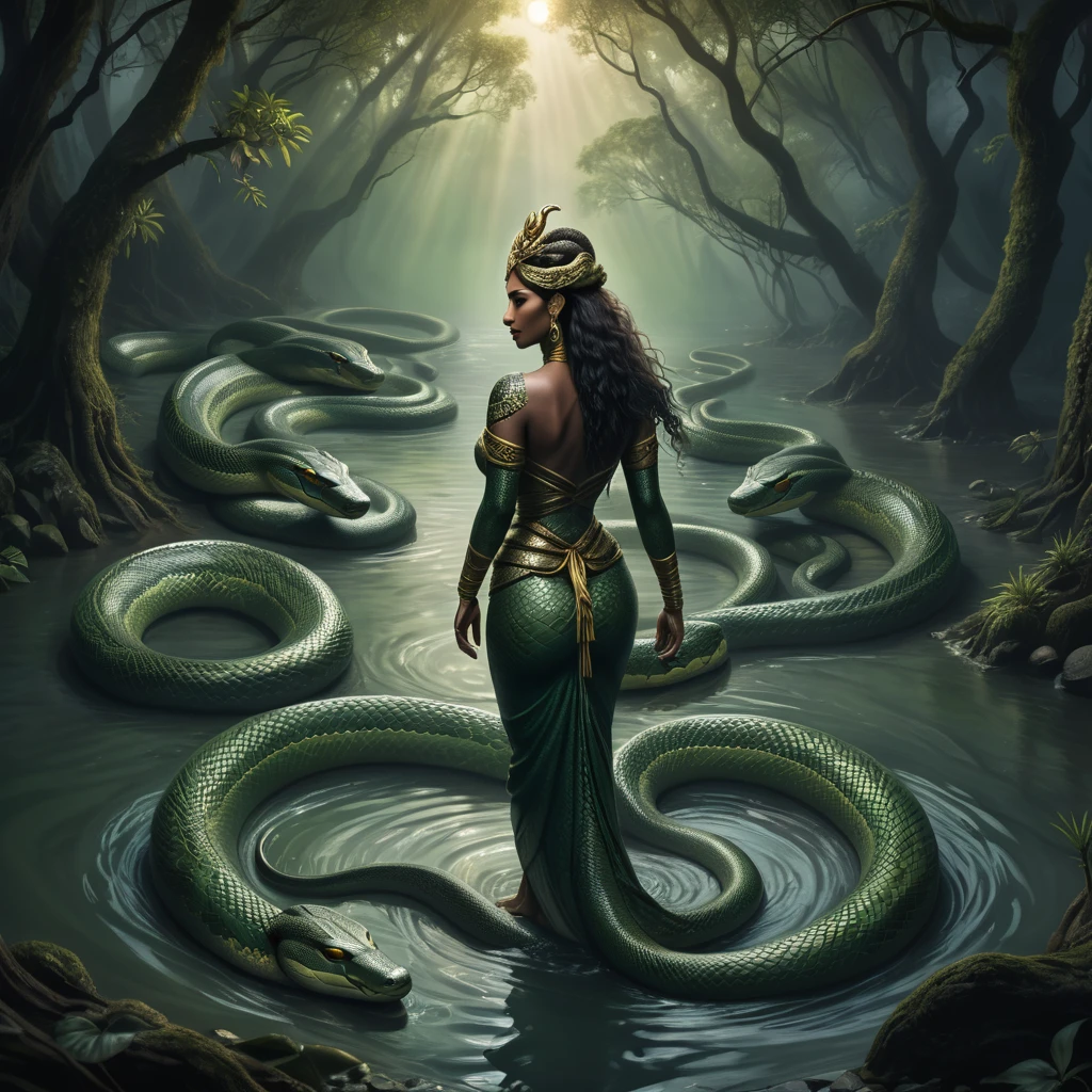  serpent goddess in the river in a nest of anacondas serpents, dark and supernatural 