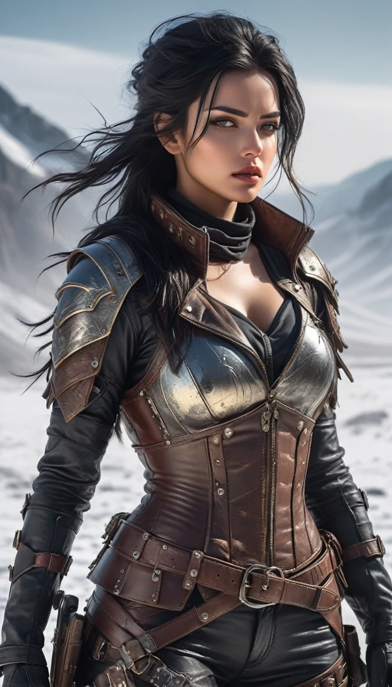 A photorealistic full-body portrait of a fierce post-apocalyptic warrior woman standing confidently in a snowy wasteland. She has strikingly sharp facial features, piercing eyes, and flowing dark hair that moves with the wind. Her outfit is a mix of rugged leather armor with metallic accents, a fitted leather corset, and reinforced shoulder pads, showcasing both practicality and style. She wears dark gloves, belts adorned with metallic details, and thigh holsters that secure her weapons. injured by bear include broken clothe. slime body shapely. The backdrop is a desolate, icy landscape. 
