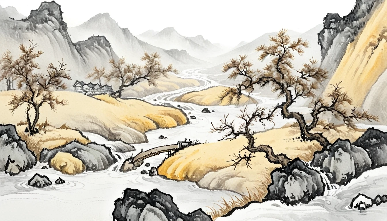 surrealist art Chinese painting,Ink Painting，ink wash painting，ink water， Scenery of the Yellow River waterfall in China ，Midwinter ，The Yellow River flows through mountains ，Ice cubes，close up， the surface is frozen by heavy snow ，有大的Ice cubes漂浮，Snowy fields， Some places on both sides of the river are covered with snow ， Some places are covered with mud ， Large areas of brown grass covered with thick ice and snow， Surrounding environment is characterized by alpine peaks 。 traditional Chinese brushwork ， official art ，（ Large areas of white ，One-third composition ：1：3），羊皮纸水彩Ink Painting，Minimalism，Beige gray ，Rice paper texture， Very high resolution details, Extremely Realistic ,Fine texture, Incredibly realistic 