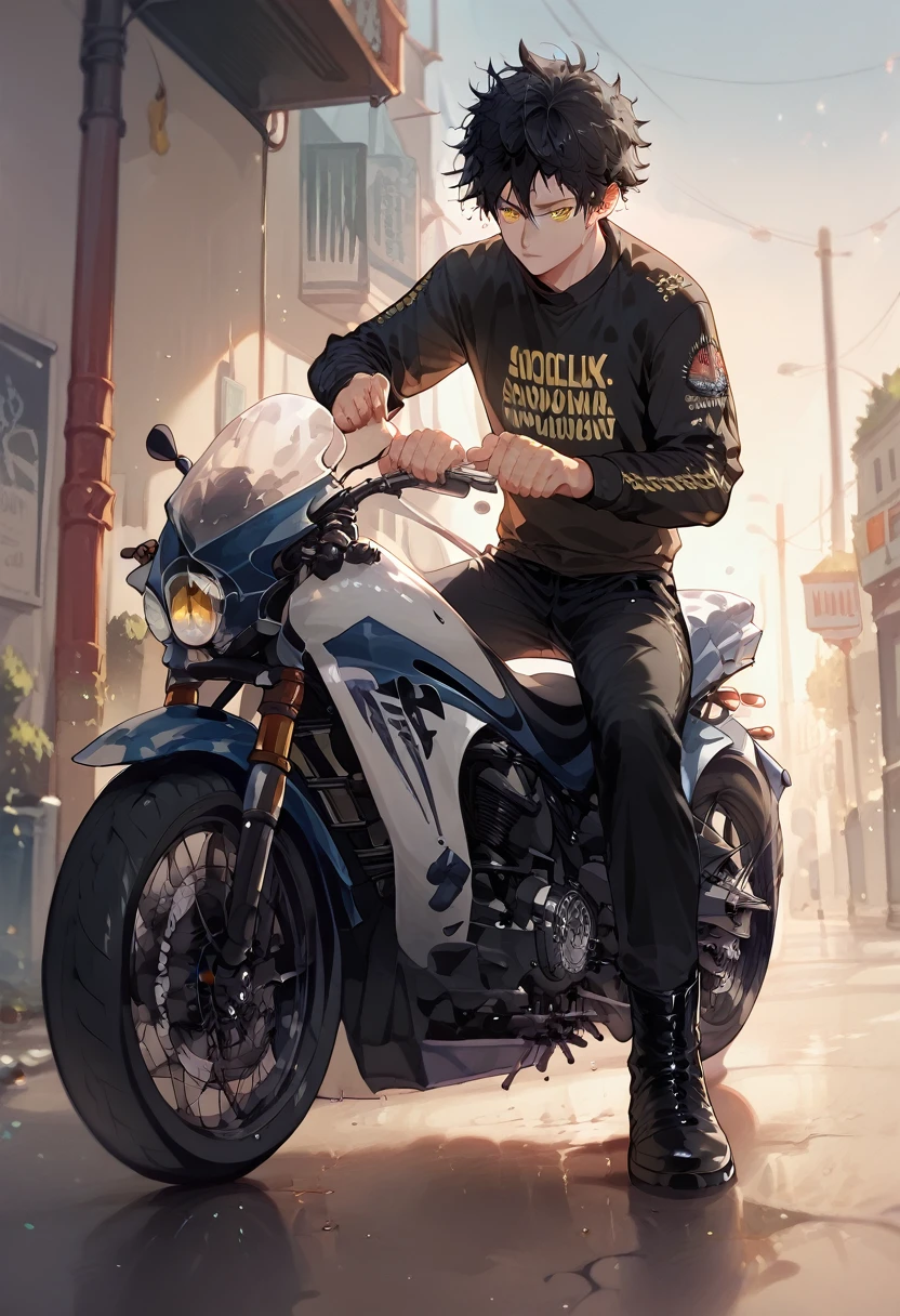 1boy, pale, black hair, messy hair, yellow eyes, brown long sleeve outfit, black pants, black boots. Motorcycle. Stylish, fashionable.