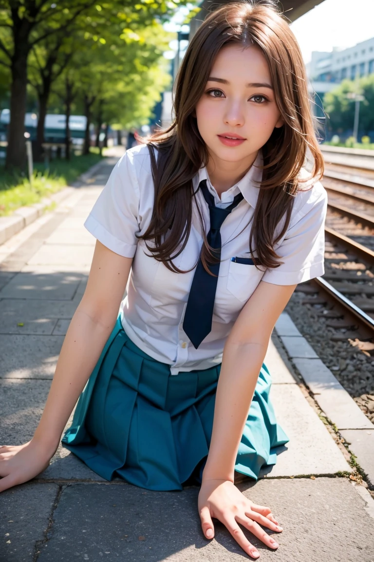 Quite embarrassing, Thin legs,  tight skirt on the express train, Sidewalk,  RAW photo, 8k,   best quality ,  ultra high resolution,  beautiful face in every detail lying on the road, Realistic human skin,   has a gentle expression , Front View, Long Hair, Realistic, photoRealistic, cute,  short skirt,cute schoolgirl,   surreal high school girl in Japanese schoolgirl uniform, whole body, Natalia Vladimirovna Poklonskaya, SFW