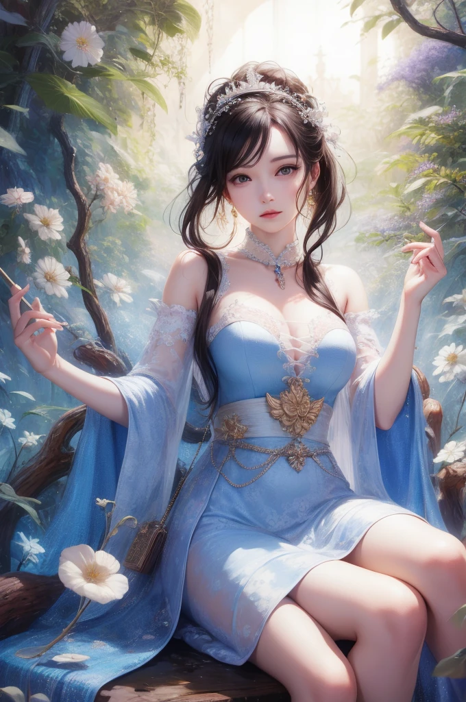 1 girl, best quality, masterpiece, Ultra-fine painting, looking at the audience,, , Perfect body,whole body,((ink)),(watercolor),bloom effect,detailed beautiful grassland with flower瓣,flower,Butterfly,necklace,Smile,flower瓣,(((surrounded by heavy floating flower瓣 flow))), long black hair
