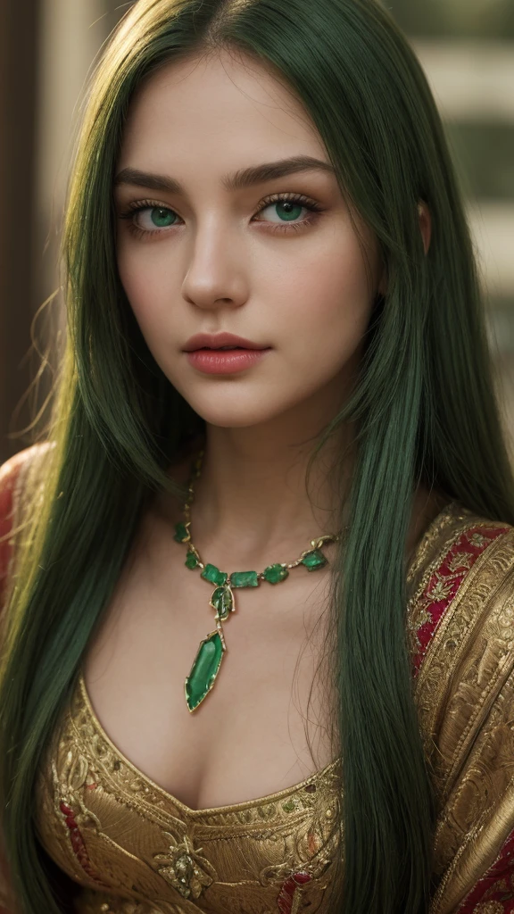 A young 18 year old woman, with long green hair that falls in soft waves over her shoulders. Her bright green eyes are captivating, radiating an intense glow that reflects its unparalleled beauty. She wears a luxurious gold ensemble, similar to the image, adorned with green accents to complement your hair and eyes.To adorn your already stunning appearance, she wears golden bracelets and ornaments, highlighting your slender and perfect figure even more. She is in a majestic environment, a palace with large golden columns, ornate details and a stunning chandelier, which further enhances its imposing presence and ethereal beauty.With a soft expression and a slight smile, she exudes an aura of grace and charm, further highlighting its beauty and striking presence.
