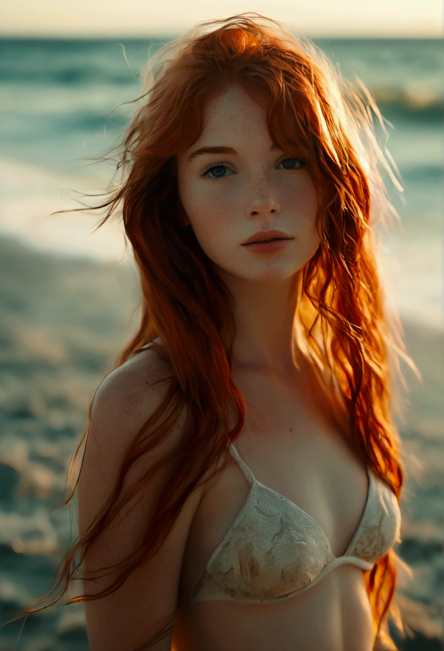 A beautiful 19 year old redhead girl, completely nude, no clothes, on the beach, high quality, hyperrealistic, 8k,photorealistic, detailed facial features, detailed skin texture, flowing red hair, standing in a relaxed pose, golden hour lighting, warm color palette, ocean waves in the background, sandy beach, photographic