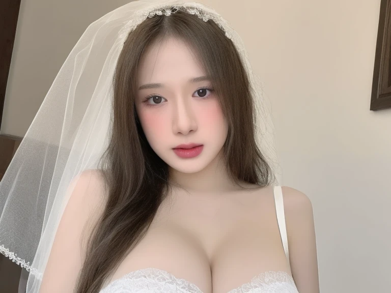 (realistic、masterpiece、Best Quality、8K、highres、high resolution:1.3)、2 girls ,closed mouth, white bandeau dress,white lace veil, upper body, full breasts, gigantic breasts, cleavage,