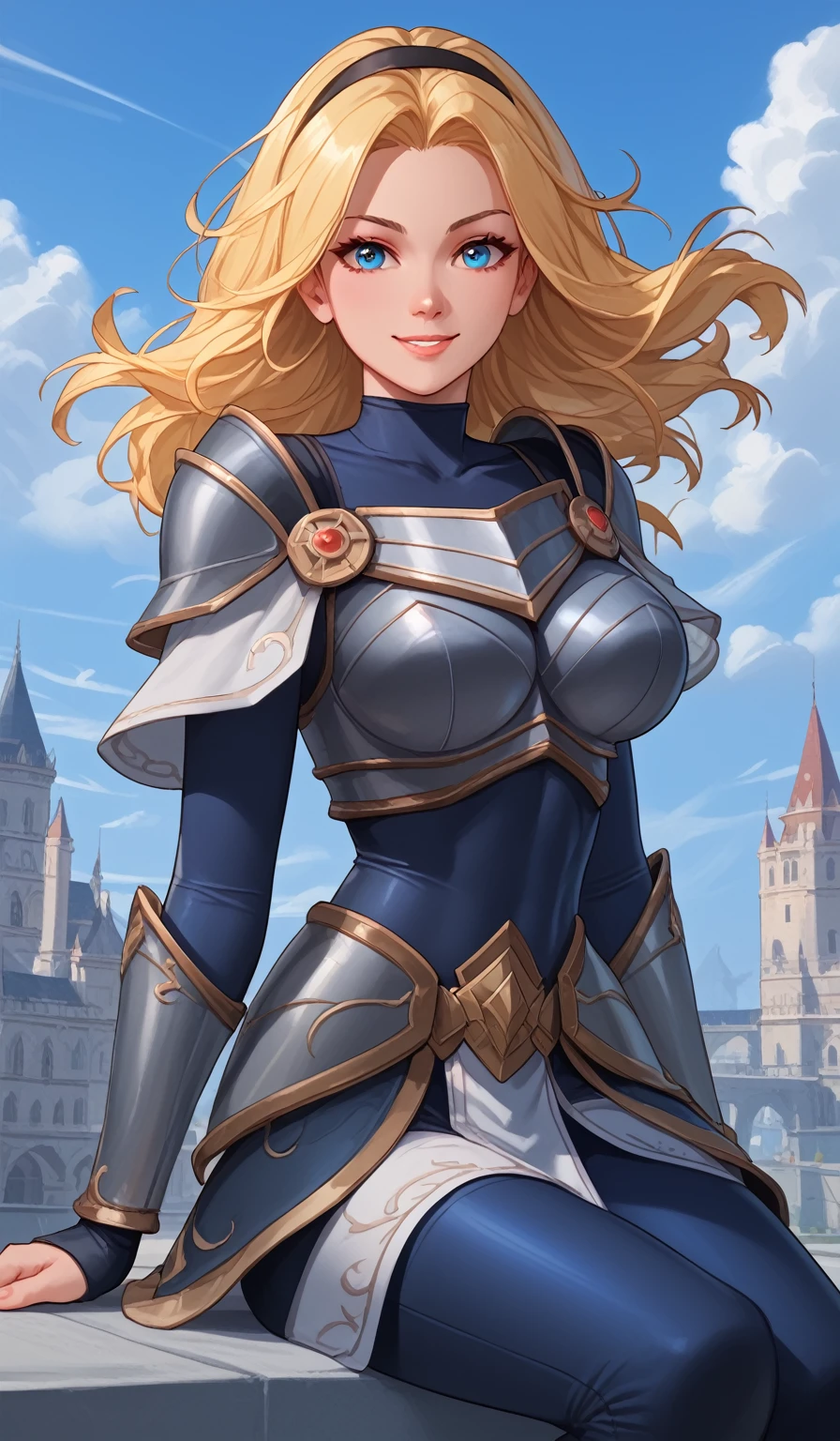 score_9, score_8_up, score_7_up, score_6_up, score_5_up, score_4_up, LuxLoLXL, blue eyes, blonde hair, long hair, black hairband, medium breasts, collarbone, shoulder armor, armor, blue bodysuit, breastplate, long sleeves, faulds, skirt, blue pants, armored boots, ((((big breasts)))), smile, alone full body,sitting on a cloud, blue sky clouds , knee high boots