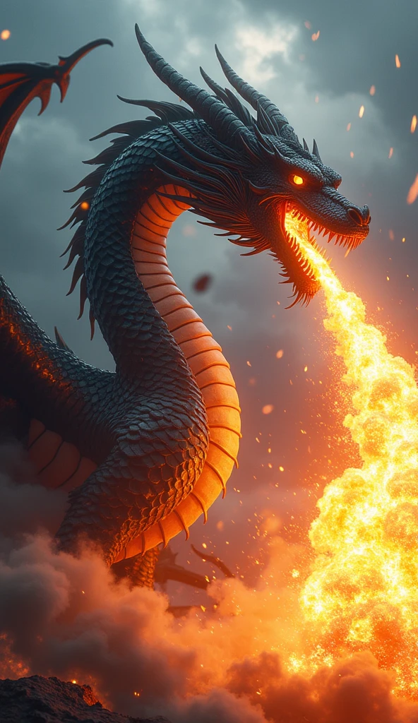 The dragon is breathing fire and has flashy scales. It looks like King Ghidorah.