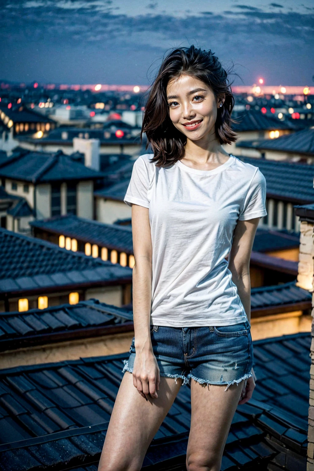 ((Midnight, Best Quality, 8K, Masterpiece :1.3)), Full Body, Long Legs, Sharp Focus :1.2, A Beautiful Woman with Perfect Body :1.4, Slim Abs :1.1, ((Dark Brown Hair)), (White Skinny T-shirt, Denim Shorts, Standing: 1.2), (Night View, Roof: 1.3)), Highly detailed cute face and skin texture, fine eyes, double eyelids, cute smile